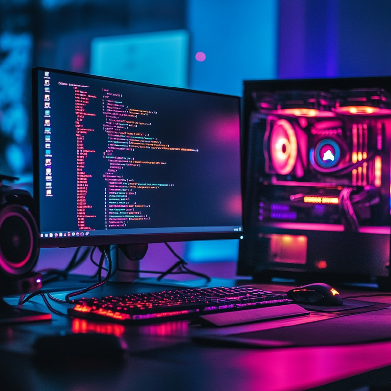 A Gaming PC With A Computer Monitor With Code on It 