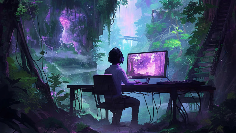 PC Gamer Sitting At Desk In Forrest